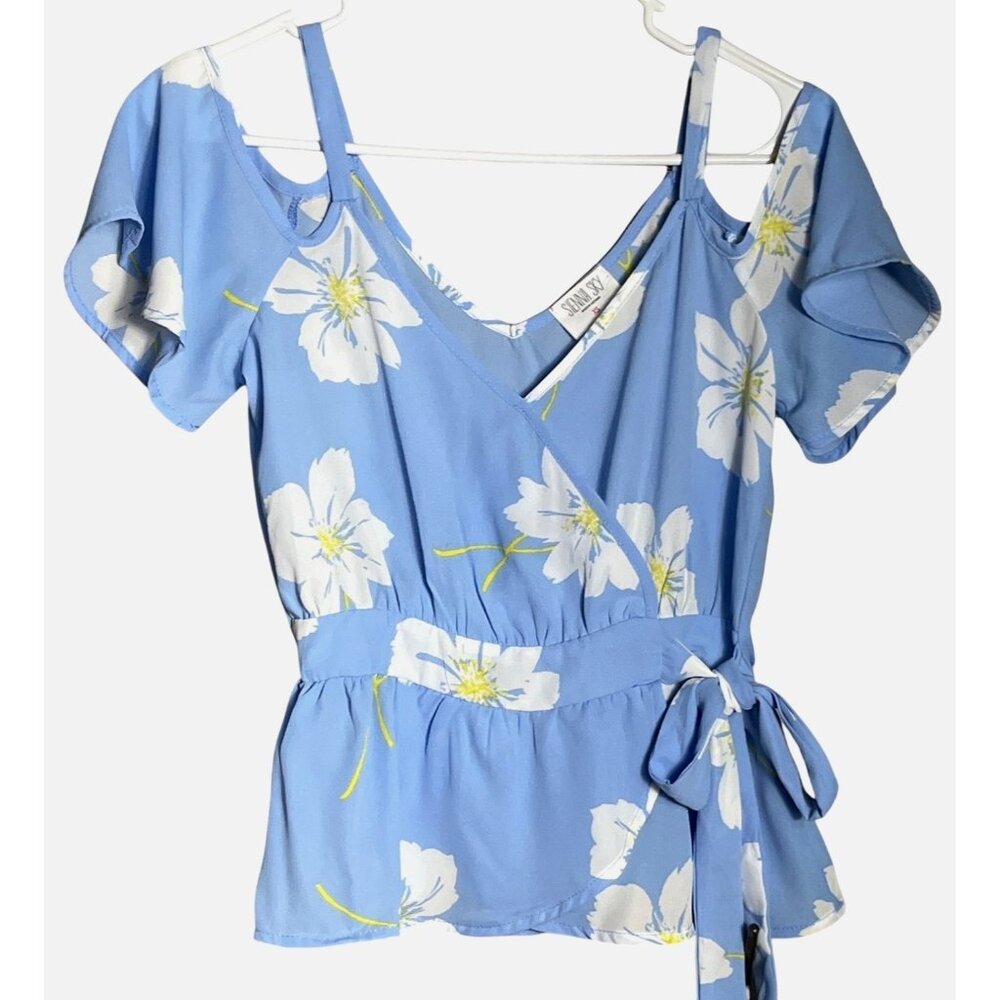 Sienna Sky Top Blue Tropical Floral Peplum Travel Coquette Coastal Summer Wom XS